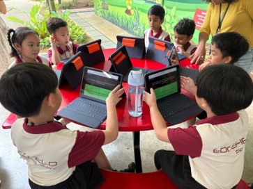 Students testing their knowledge through an interactive iPad game